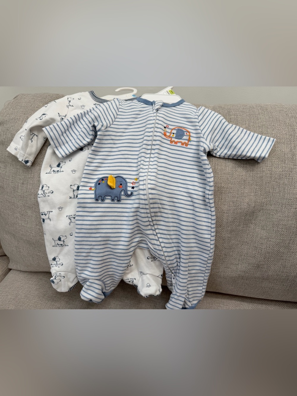 Little Me Blue and White Footed One-Piece with Elephant and Snoopy